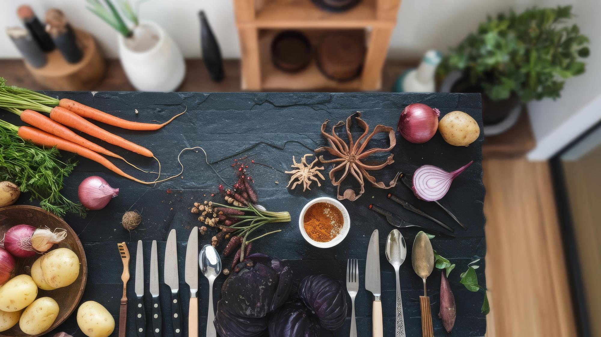 Small professional kitchen workspace with herbs and utensils